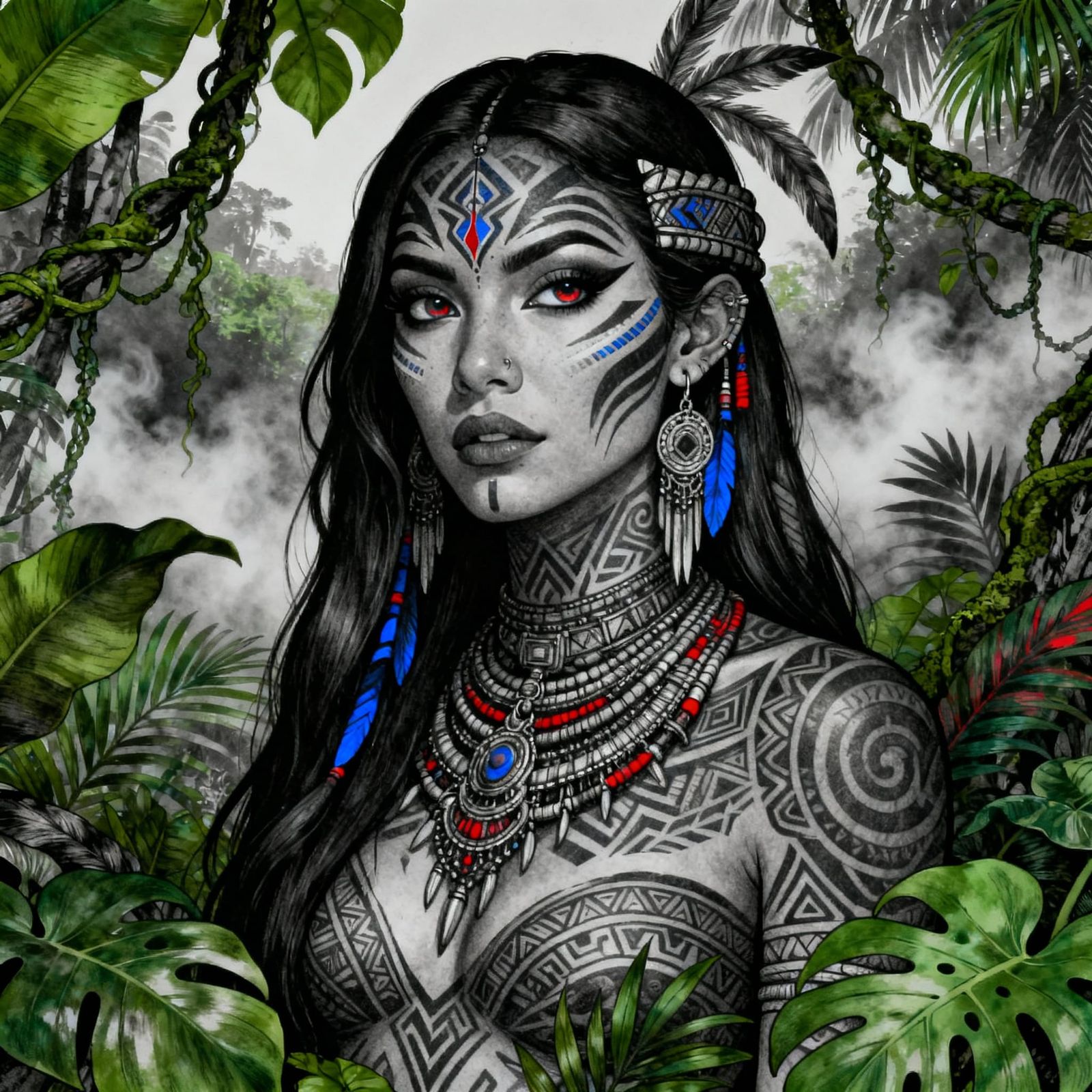 Tribal Woman Tattoo Design in Lush Jungle