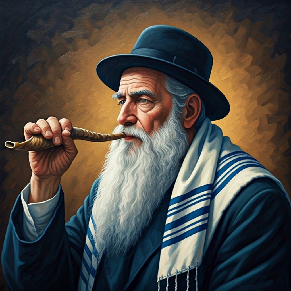 Hasidic Jew Blowing Shofar as Oil Painting