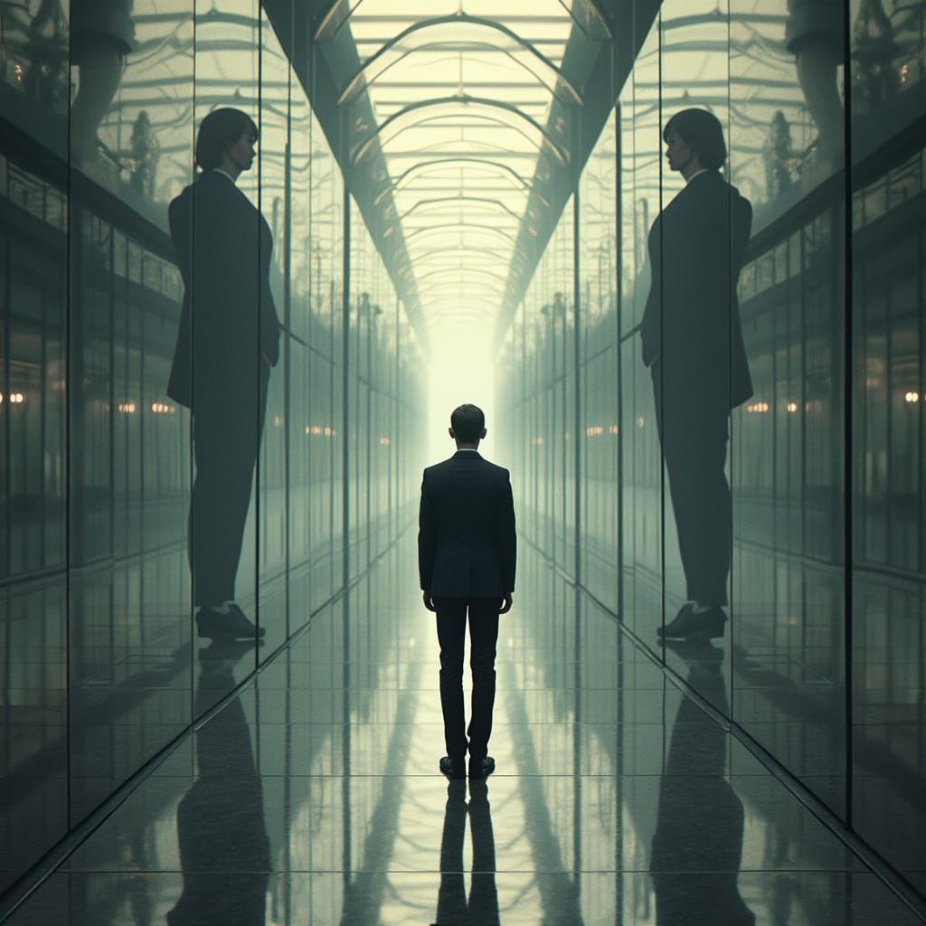 Suited Man in Recursive Reflections, Dreamlike Futurism