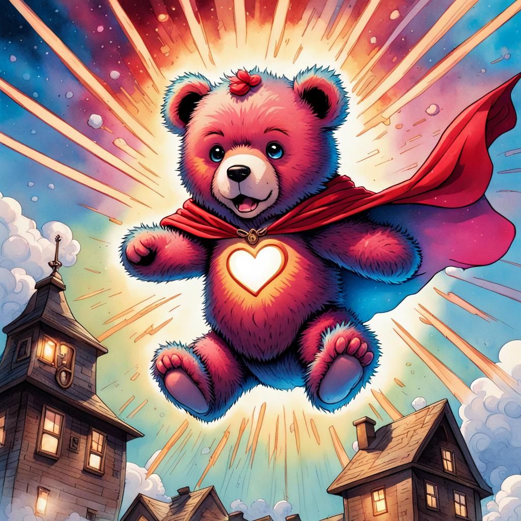 Heroic Pink Teddy Bear Flies with Rainbow Power