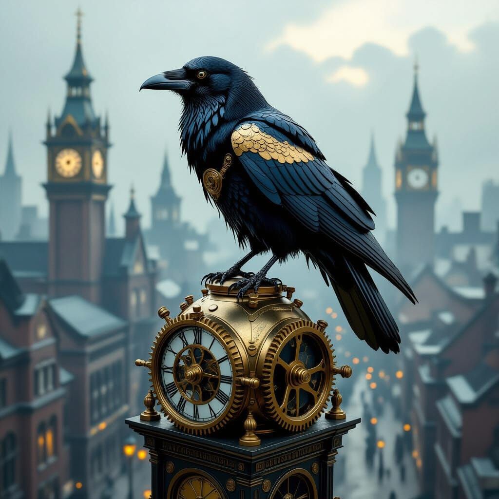 Steampunk Raven Perched Atop Clock Tower