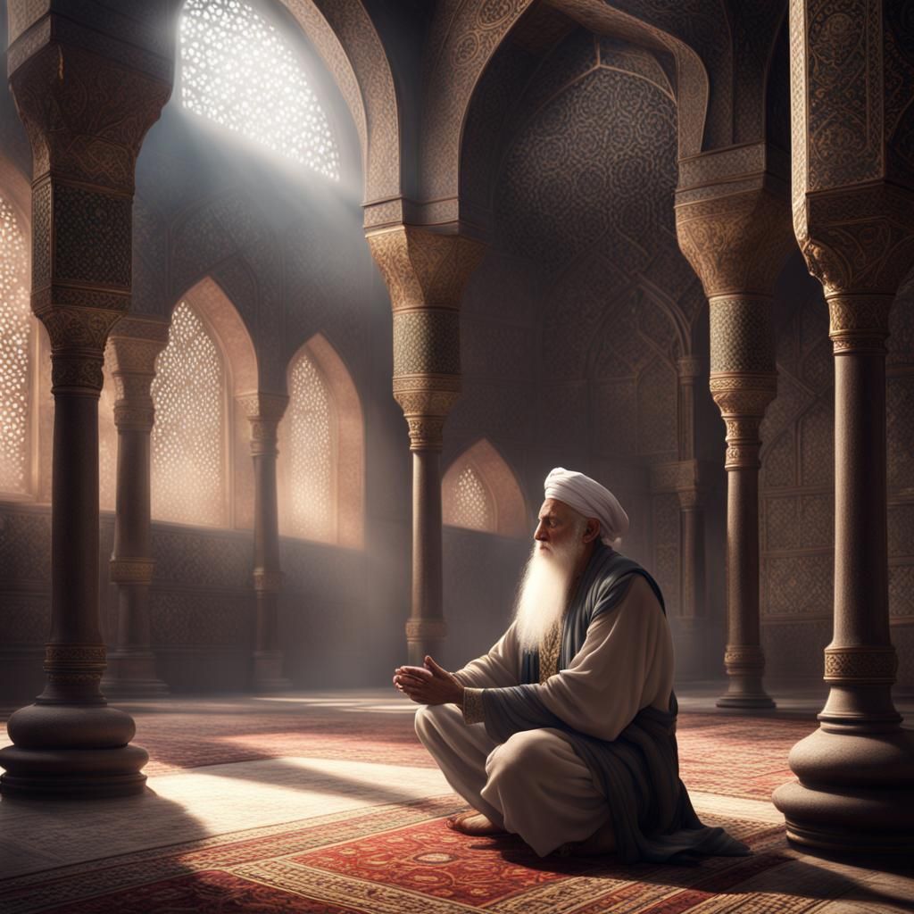 Old Muslim Man Praying in Mosque: Detailed Matte Painting