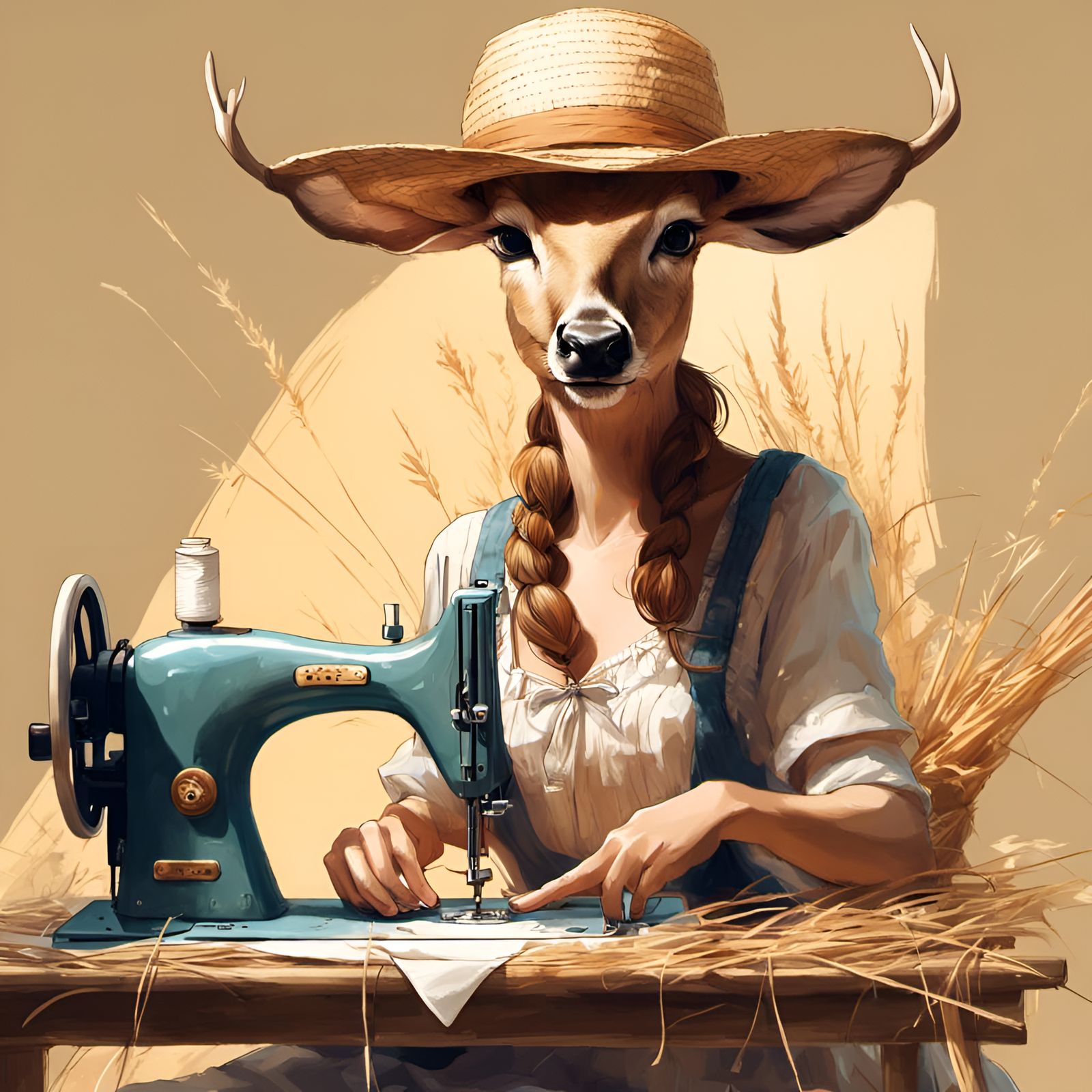 Doe Deer Sewing in Straw Hat: Digital Illustration
