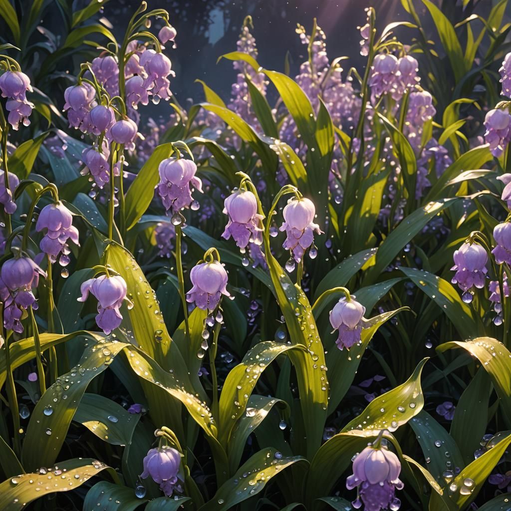 Iridescent Dewdrops on Lilies: A Digital Masterpiece