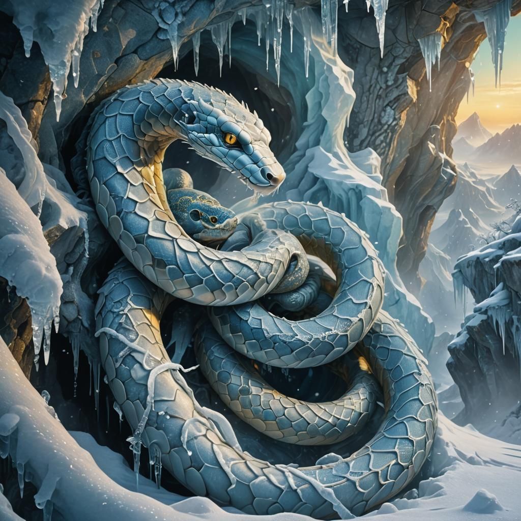 Snow Snake Coiled in Crystalline Cave