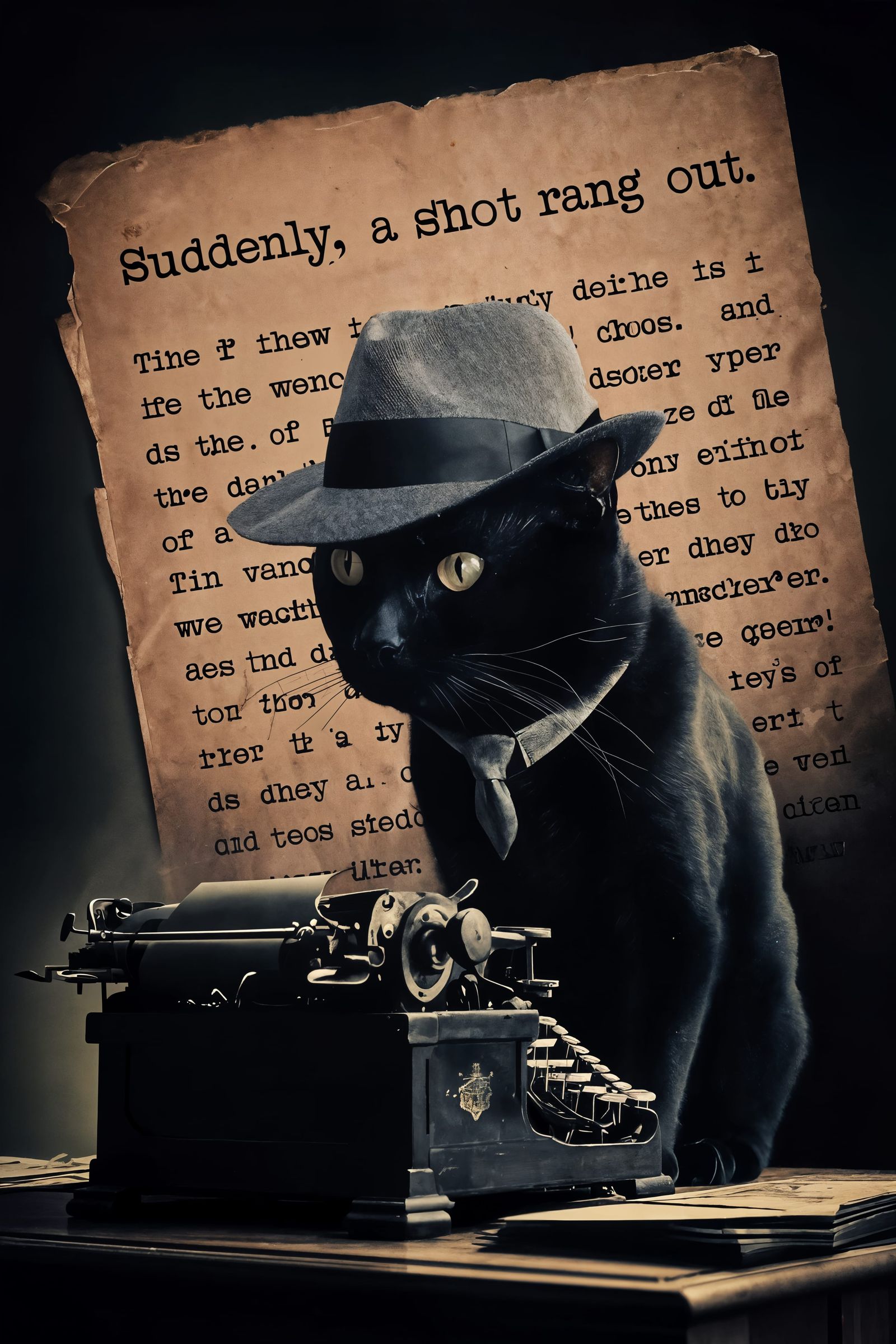 Black Cat Detective in Noir Style with Fedora
