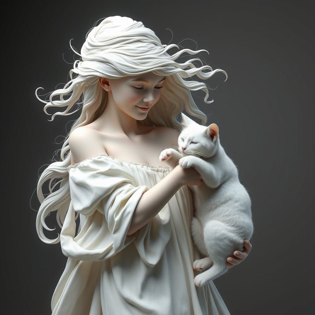 Contemporary White Marble Sculpture of Teen Girl and Cat in ...