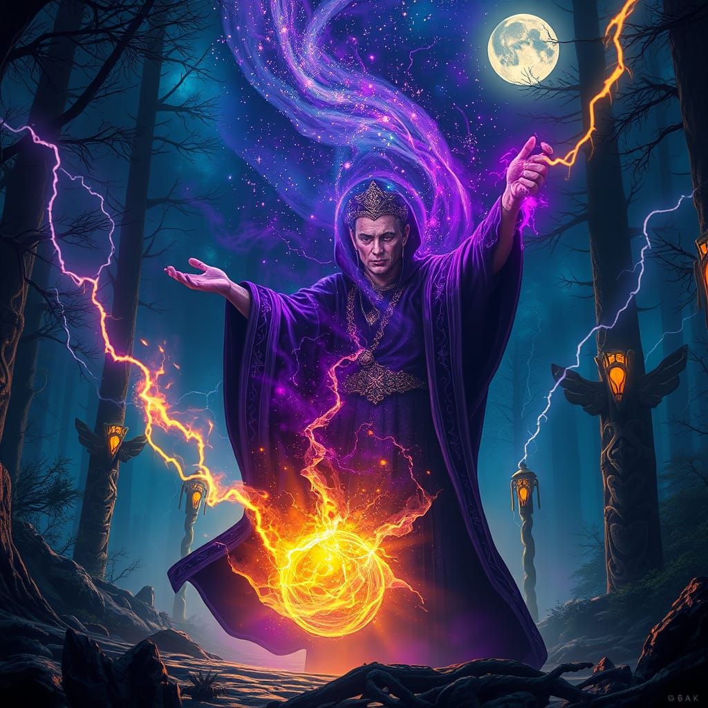 Dark Fantasy Magician Conjures Cosmic Portal in Mystical For...