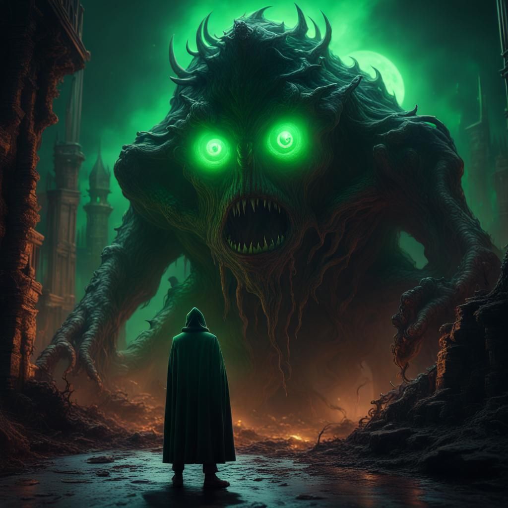 Tiny Man Confronts Giant Monster in Fantasy Art