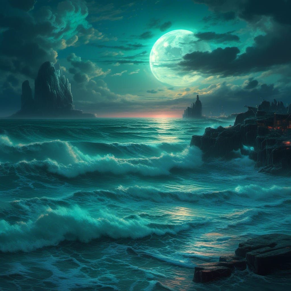 Mystical Ocean with Iridescent Moon, Fantasy Art