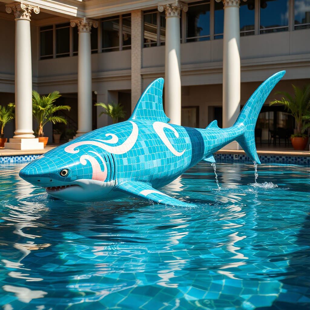 Ceramic Tile Shark in Luxury Pool, Vibrant Blues and Coral