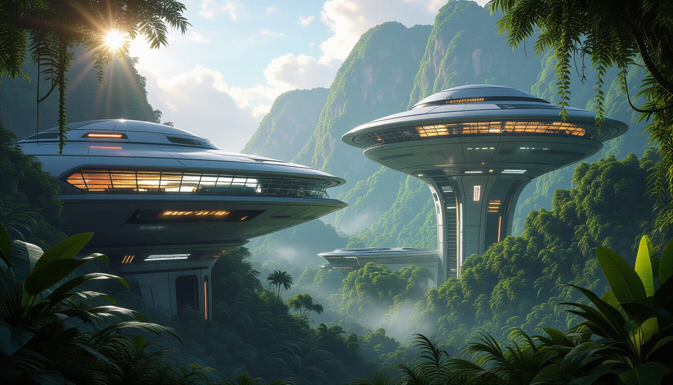 Sci-Fi Space Base Hidden in Vibrant Jungle