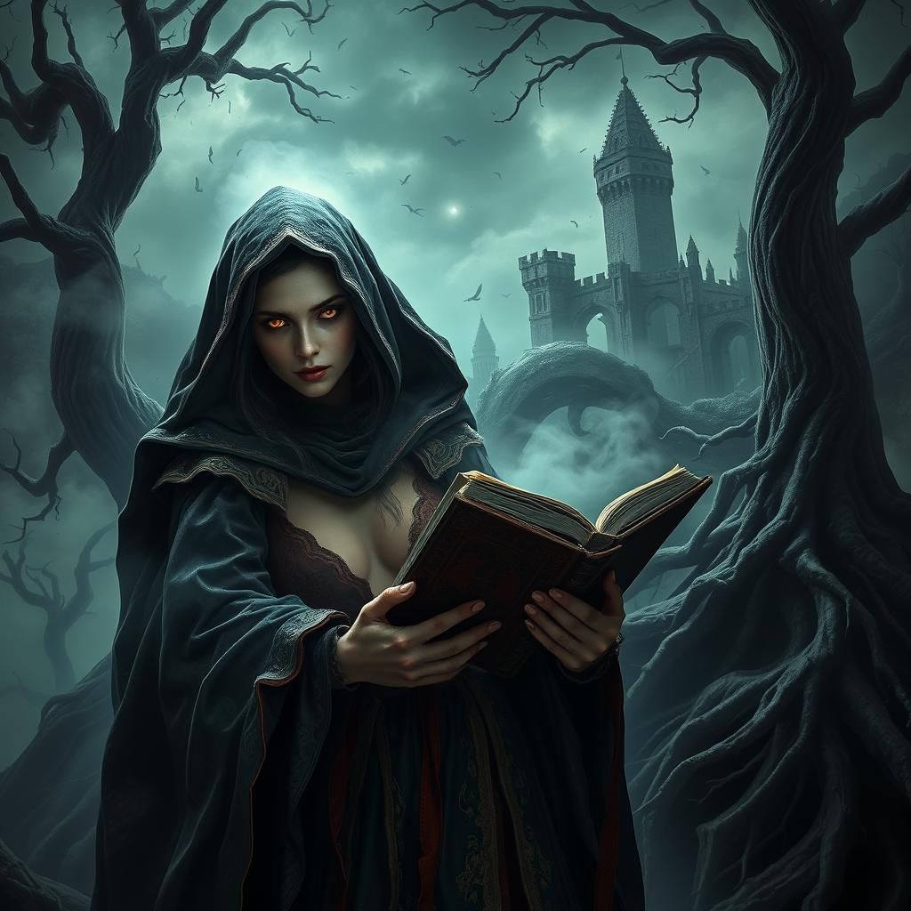 Mysterious Sorceress with Ancient Tome, Atmospheric Matte Pa...