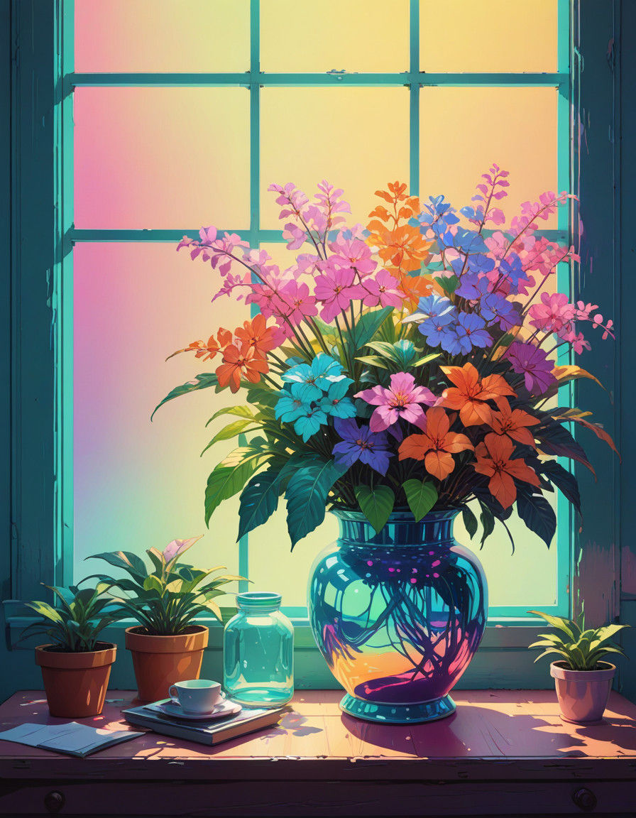 Kitschy Blooming Potted Plants in Classic Anime Style