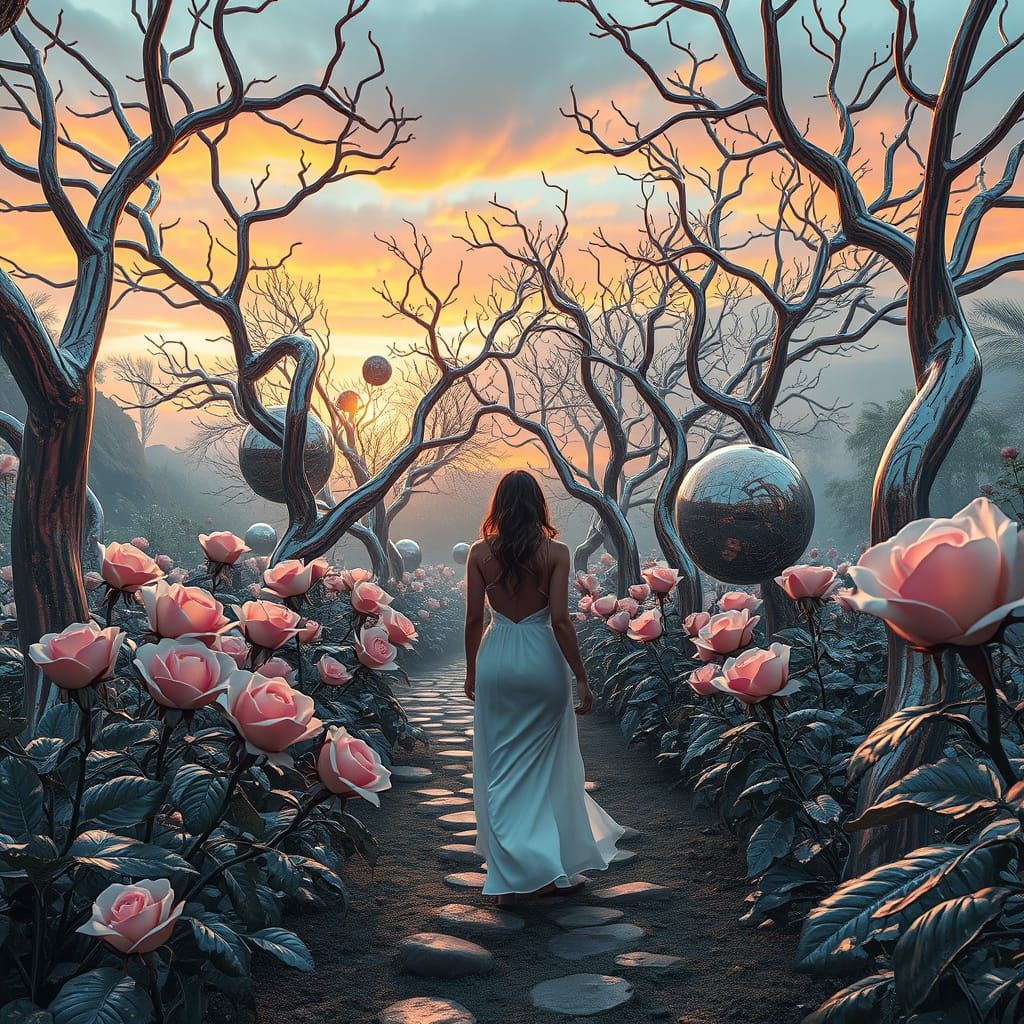 Surreal Botanical Garden with Chrome Trees and Roses