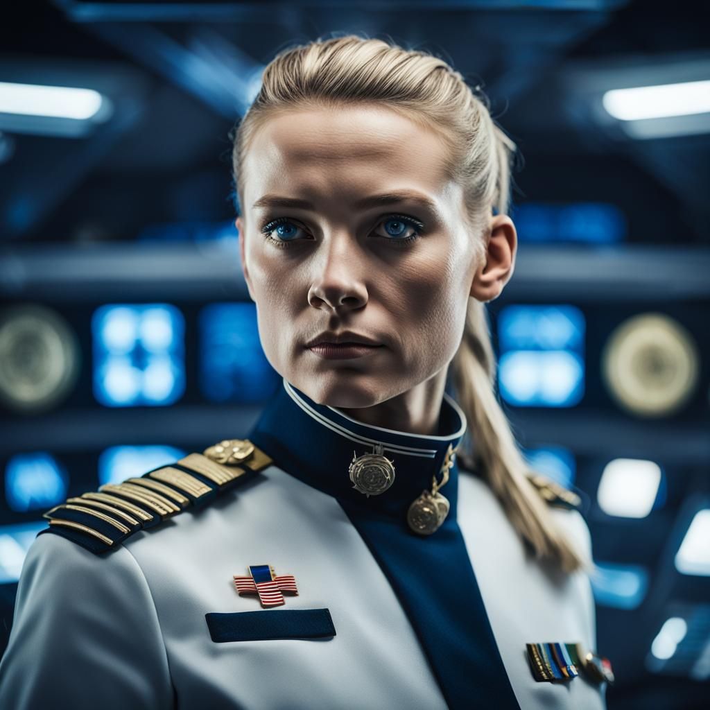 Assertive Woman in Uniform on Spaceship Command Deck