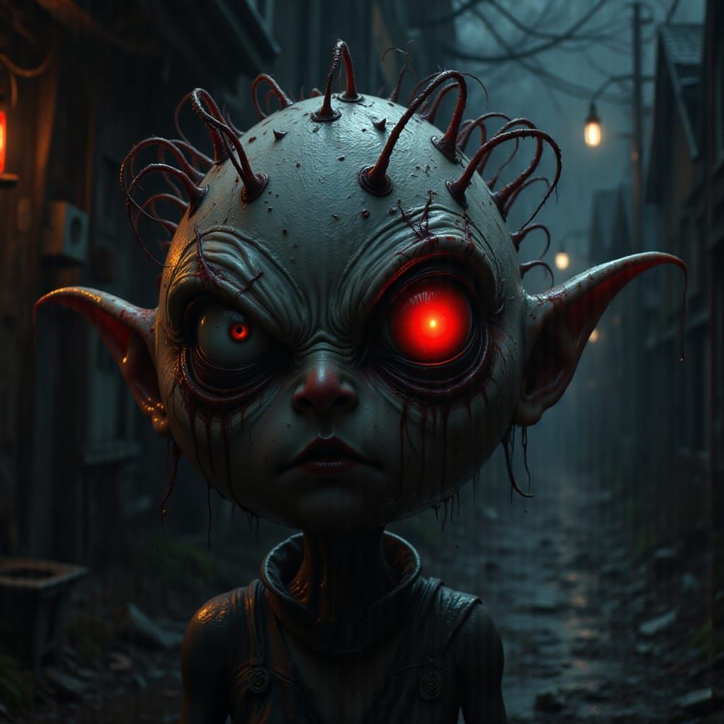 Demonic Figure with Egg-Shaped Head and Glowing Eye