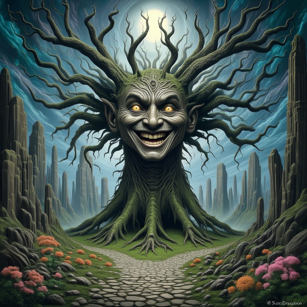 Ancient Tree Spirit in Cosmic Sky, Painterly Surrealism