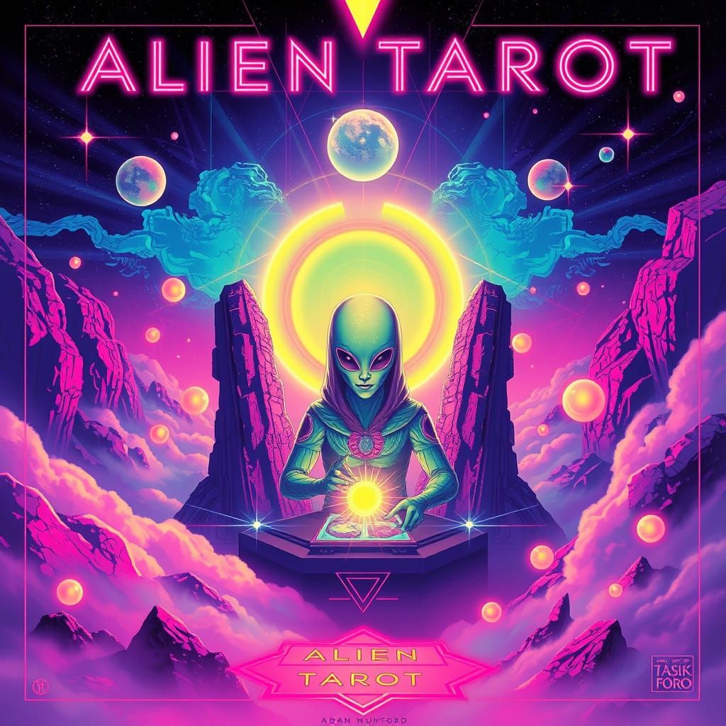 Neon Tarot Card Reader in Cosmic Dreamscape