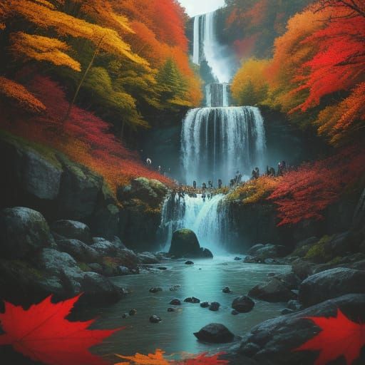 Anime Zombies Dancing Under Autumn Waterfall