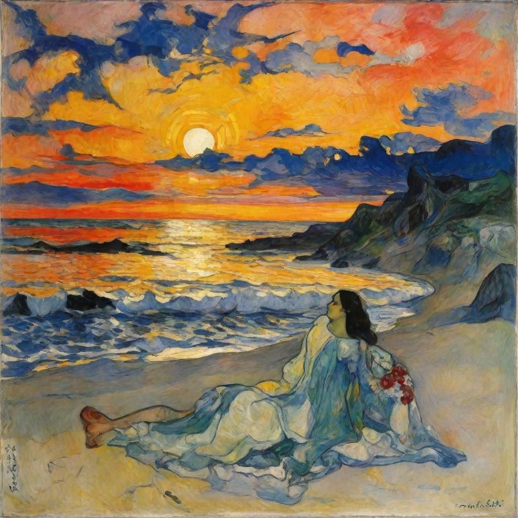 Beach Sunset with Flying Figures: Symbolist Art