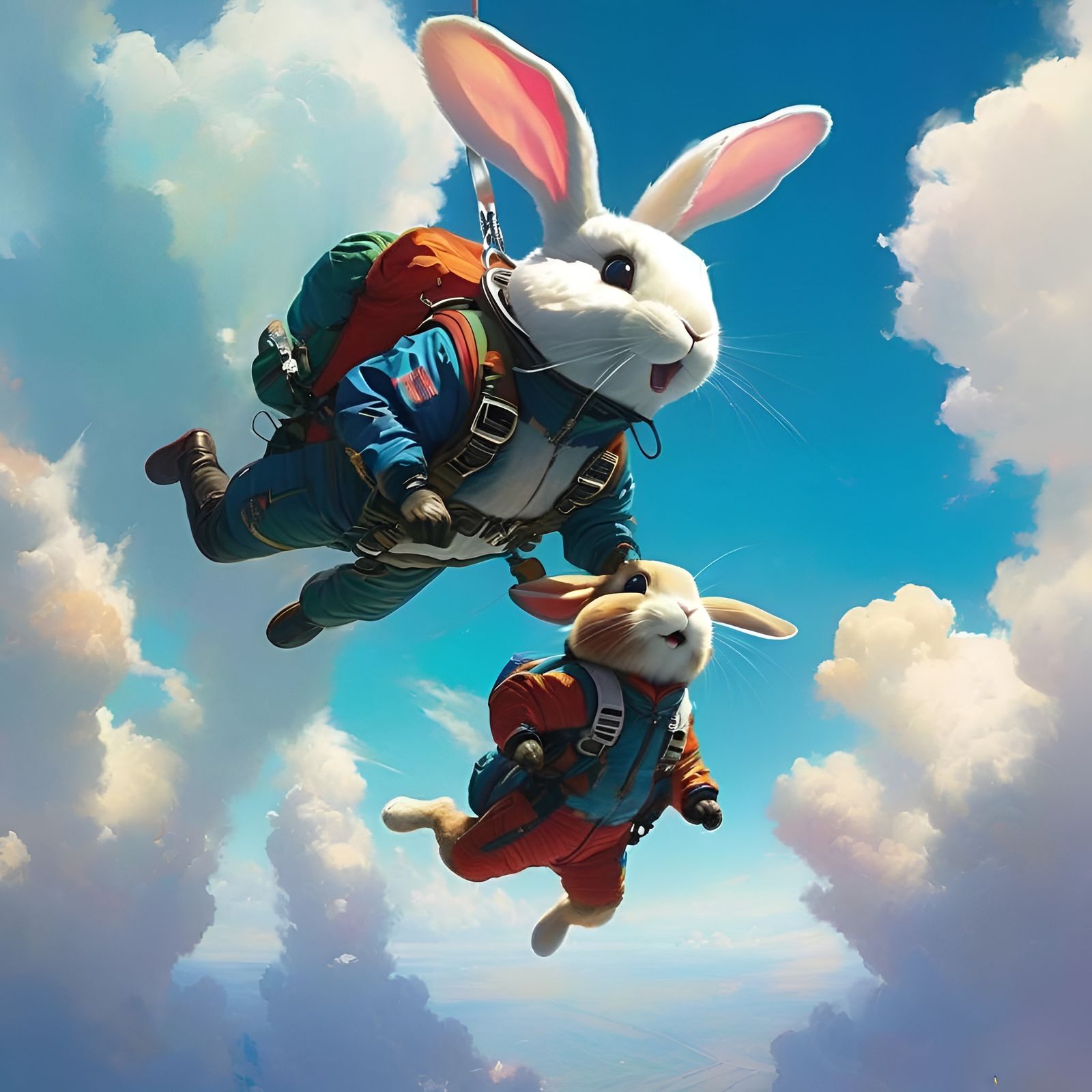 Bunny Skydiving Adventure in a Colorful Sky