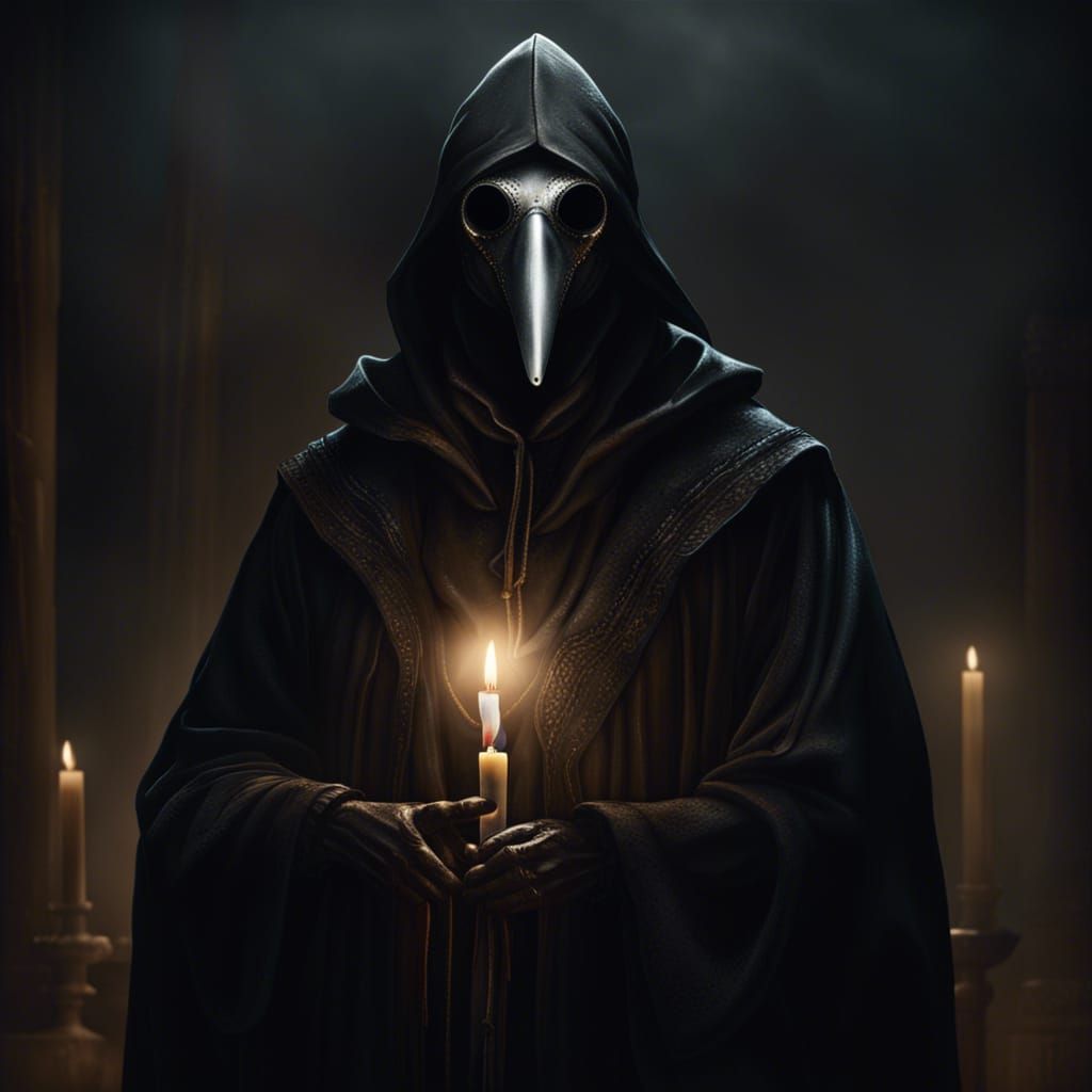 Plague Doctor in Black Robe with Beaked Mask
