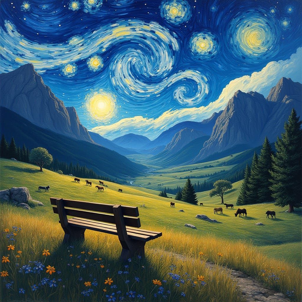 Starry Night Valley with Grazing Animals