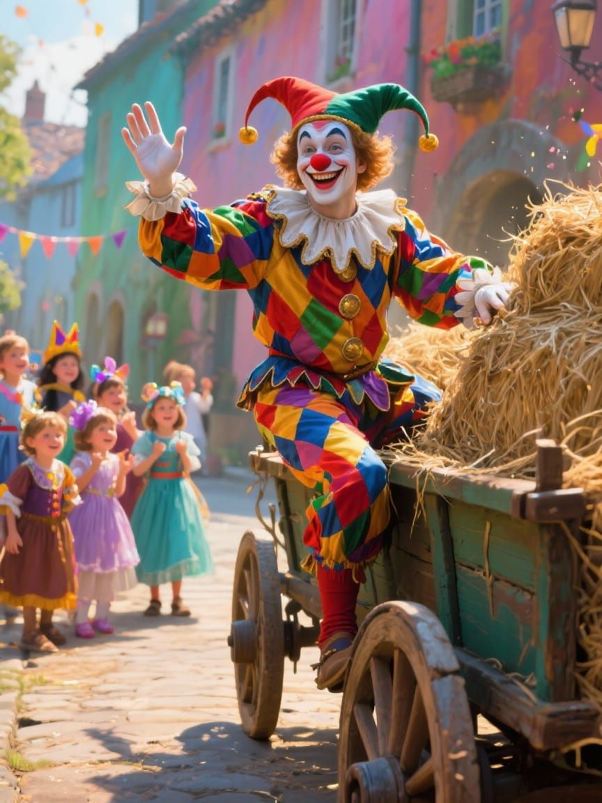 Jester Waves Goodbye to Children in Village Street