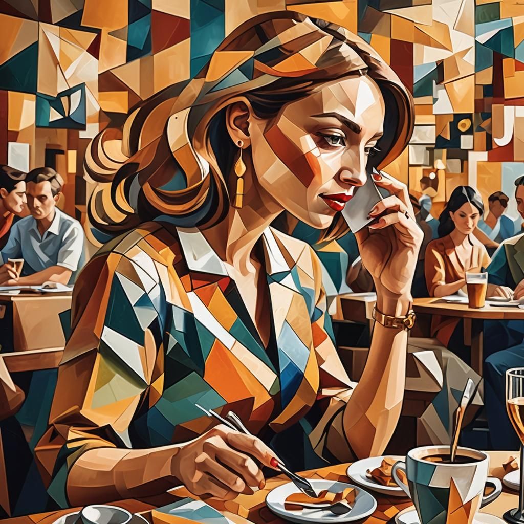 Cubist Woman in Cafe: Digital Art Inspired by Picasso