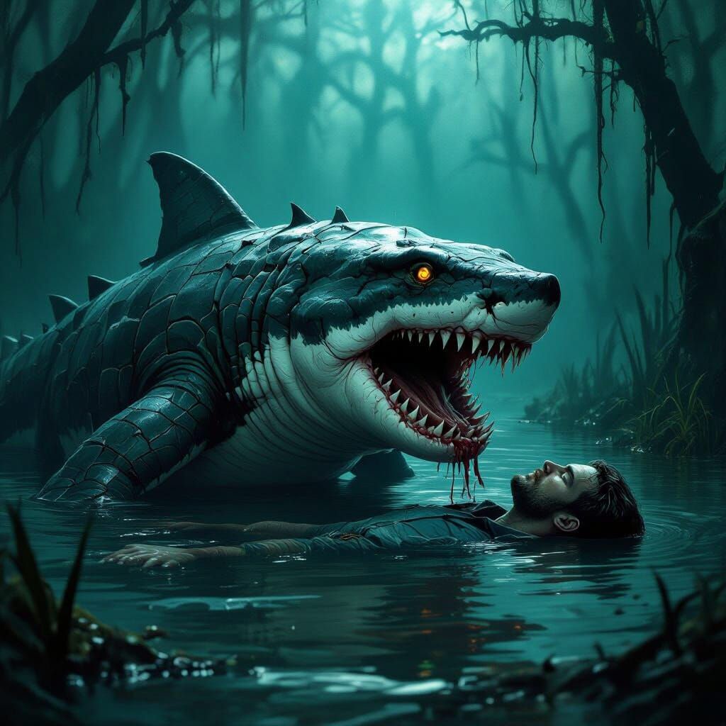 Nightmarish Shark-Crocodile Hybrid Devouring Human, Biomecha...