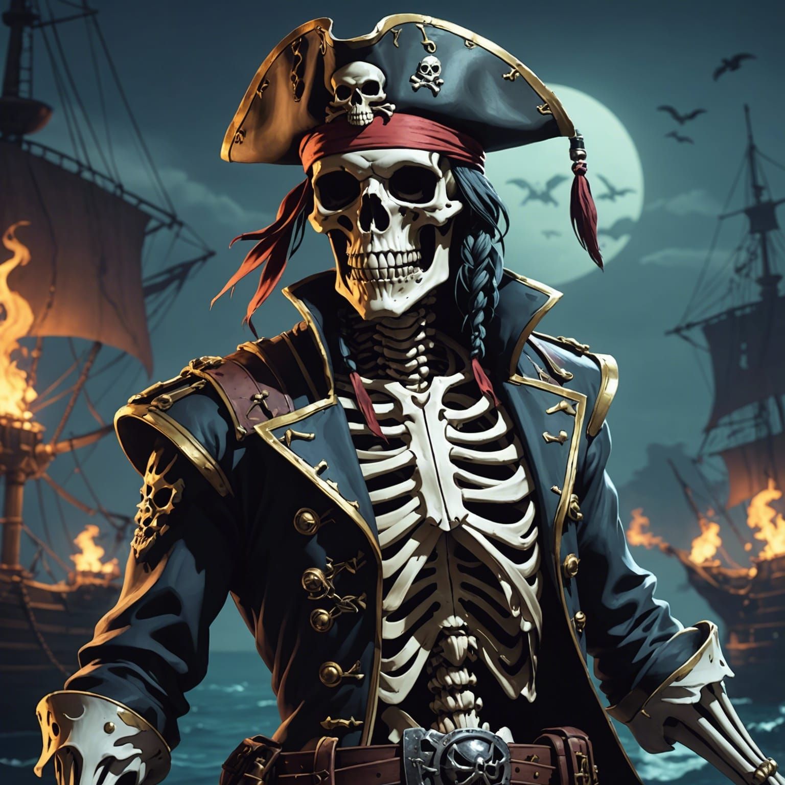 Anime Style Skeleton Pirate, Cel-Shaded Digital Art