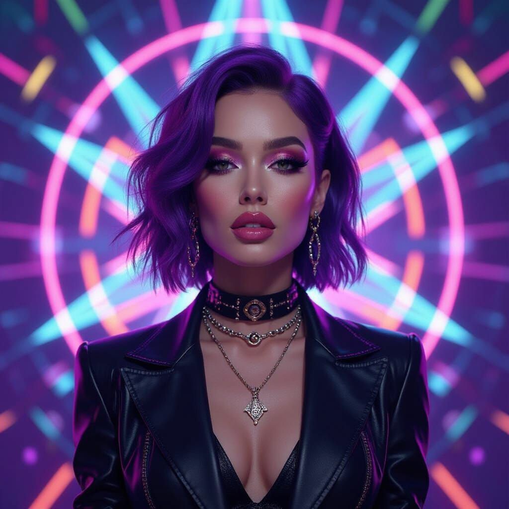 Androgynous Pop Star on Neon Stage in Hyperrealistic Style