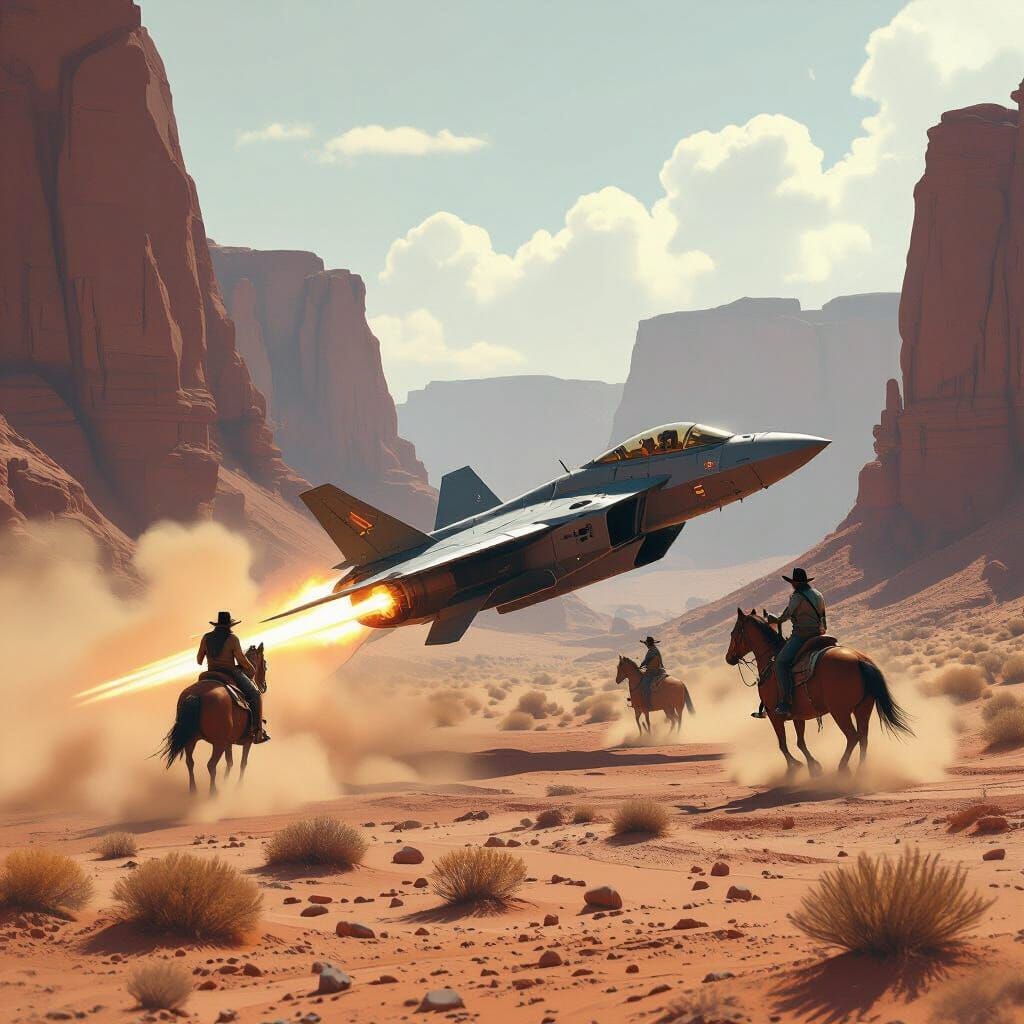 Futuristic Jet Attacks Cowboys in Desert Canyon Concept Art