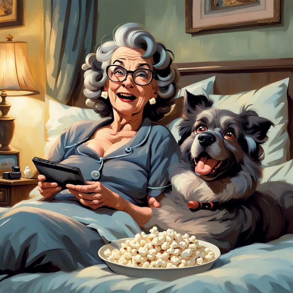 Funny Cartoon of Lady Watching TV with Dog