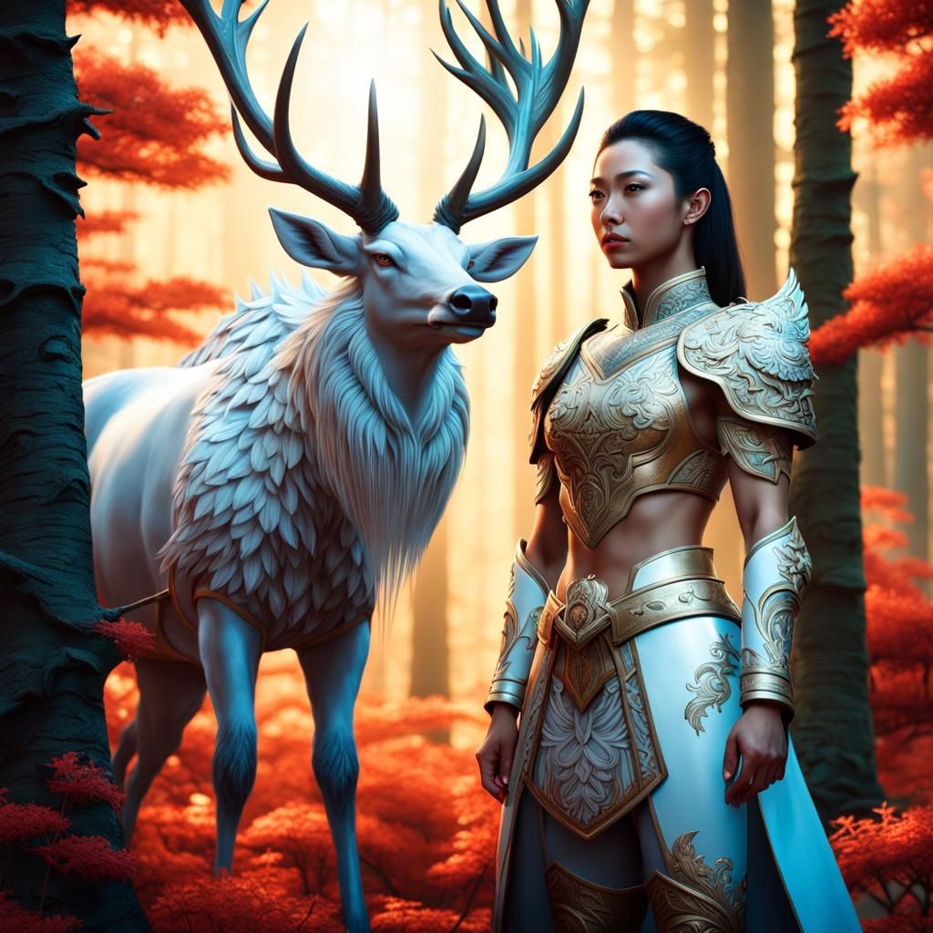 Asian Hero in Porcelain Armor with Albino Elk