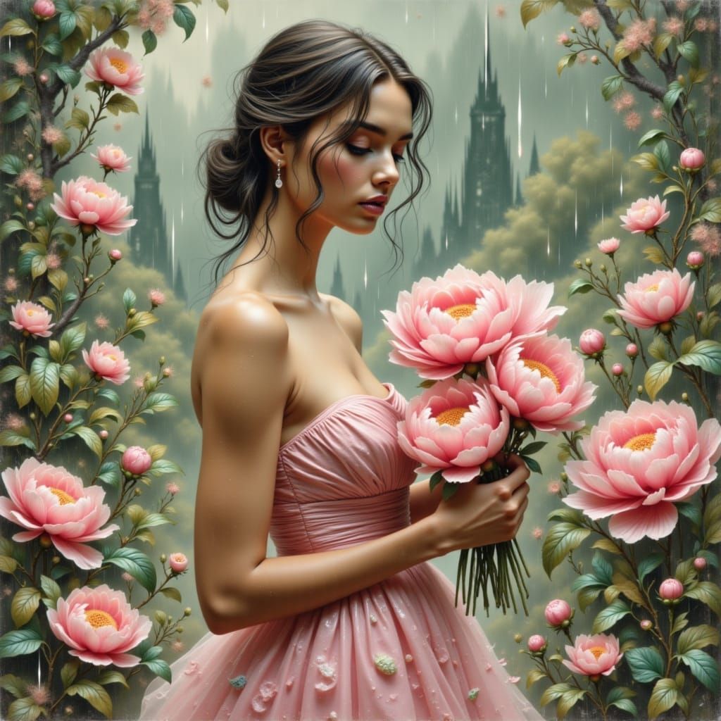 Woman in Pink Dress with Peonies in Gentle Rain