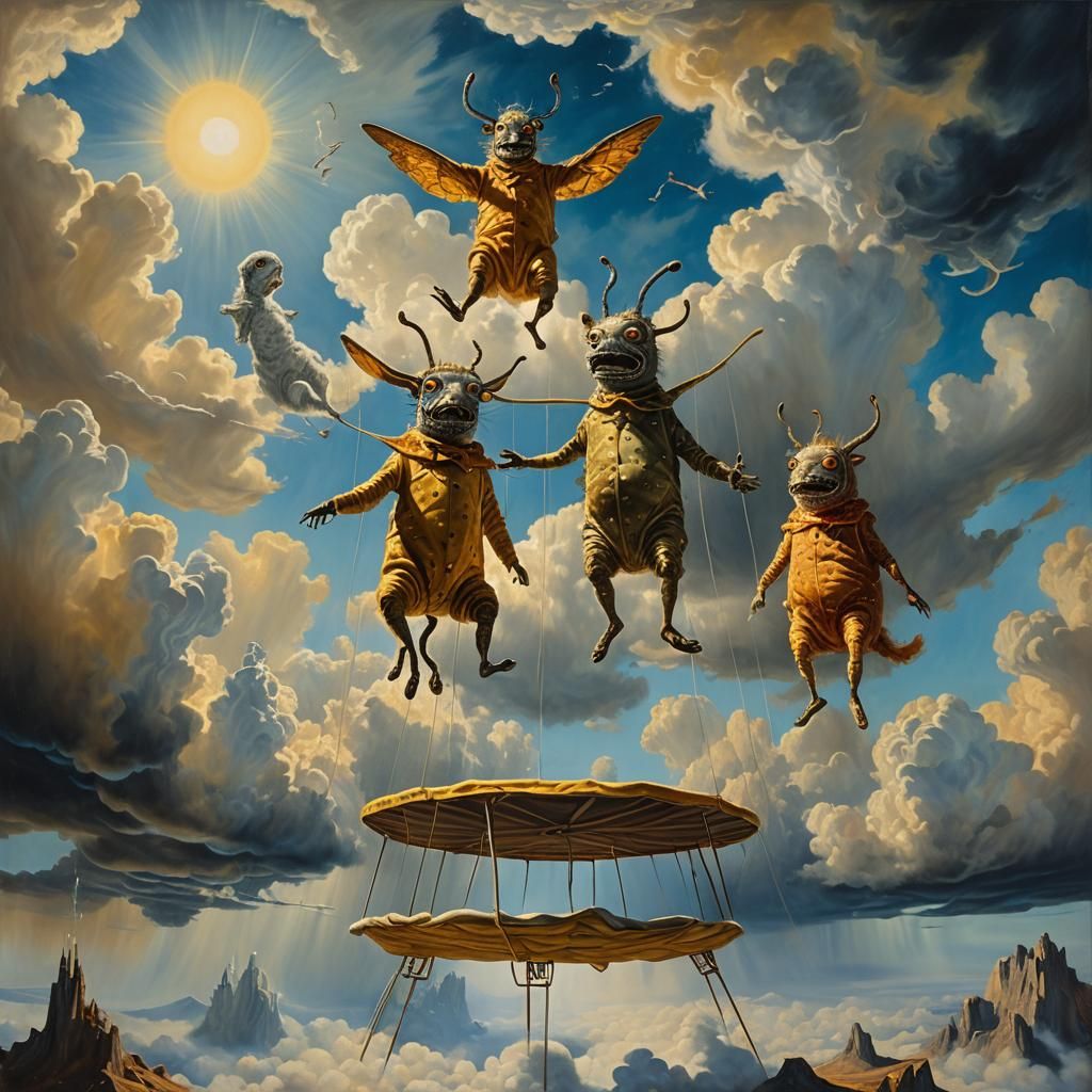 Surreal Trampoline Scene in a Dreamlike Sky
