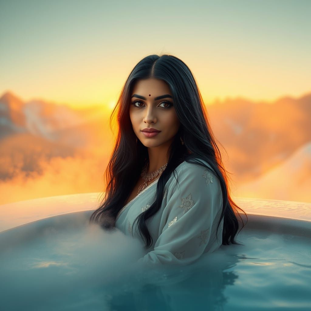 Ethereal Indian Goddess in Lehenga, Amidst Snow-Capped Mount...