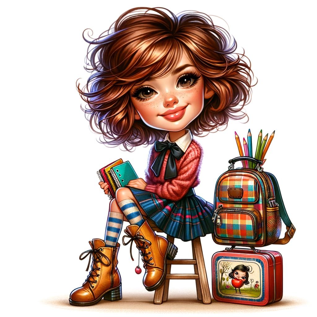 Whimsical Caricature of a Happy Schoolgirl in Colorful Outfi...