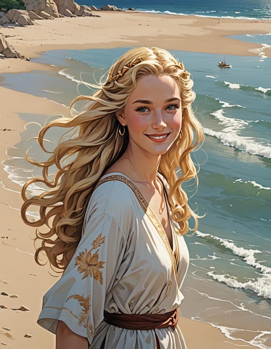 Ancient Greek Girl with Botticelli Hair, Anime Style