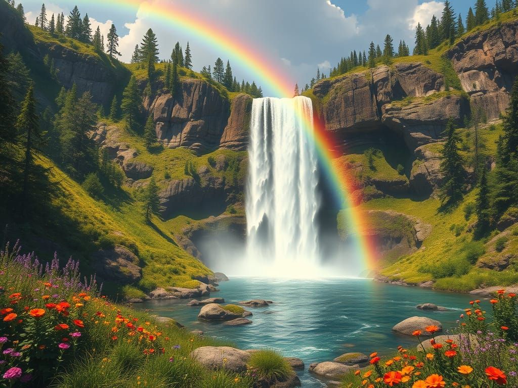Majestic Waterfall in Lush Greenery with Rainbow