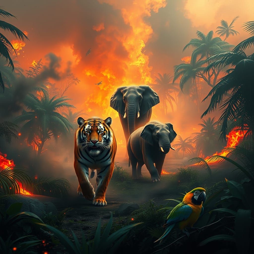 Regal Beasts Roam a Burning Jungle in Ethereal Digital Art