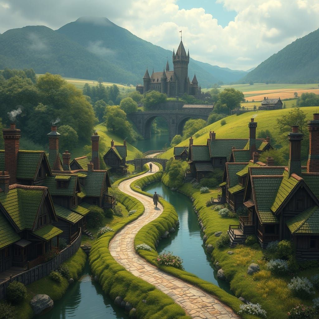 Medieval Village Scene with Castle and Forest