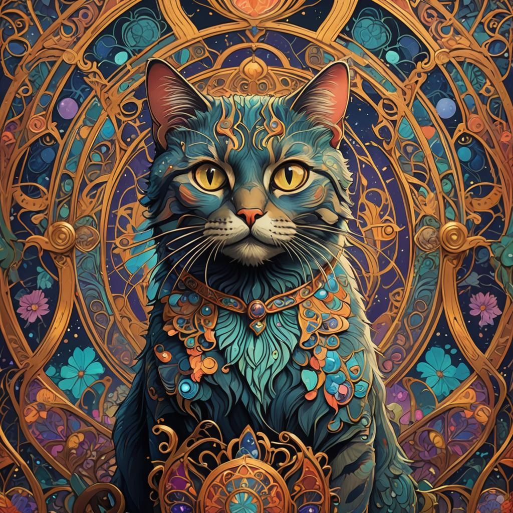 Psychedelic Art Nouveau Cat in Detailed Painting