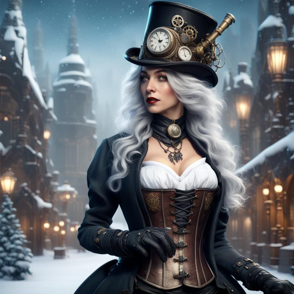 Steampunk Woman in Winter Wonderland: Detailed Digital Art