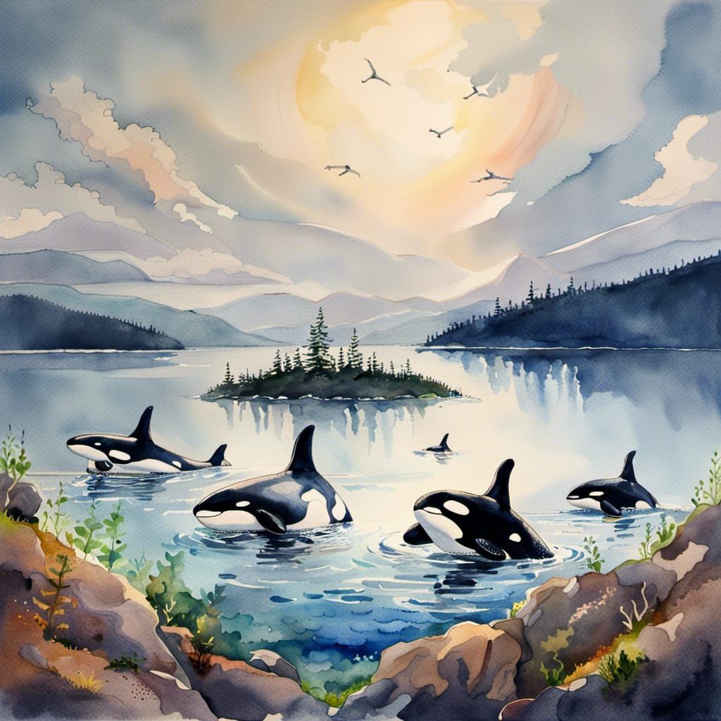 Orca Whale Family in Watercolor Painting