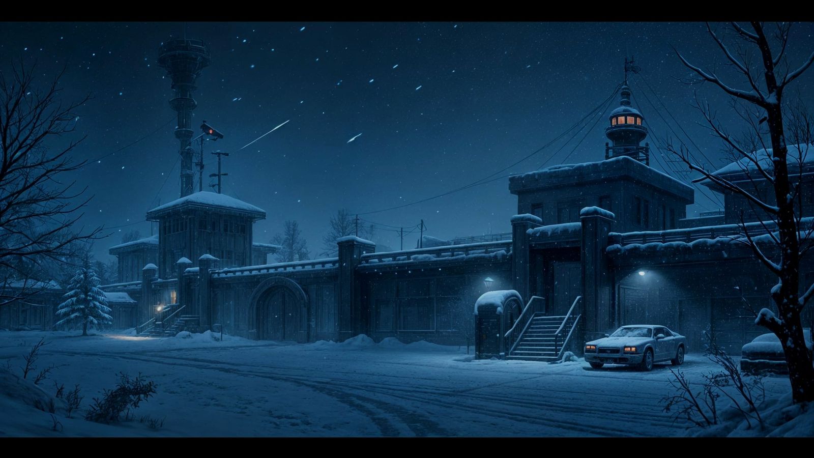 Surreal 8K Snowy Military Base at Night in Cyberpunk Style