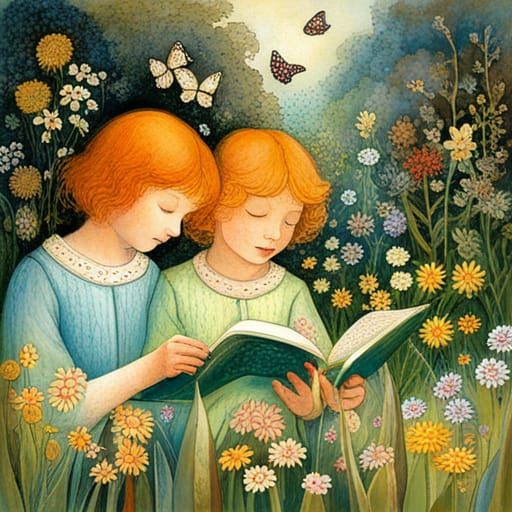 Red-Haired Siblings Reading in a Wildflower Garden