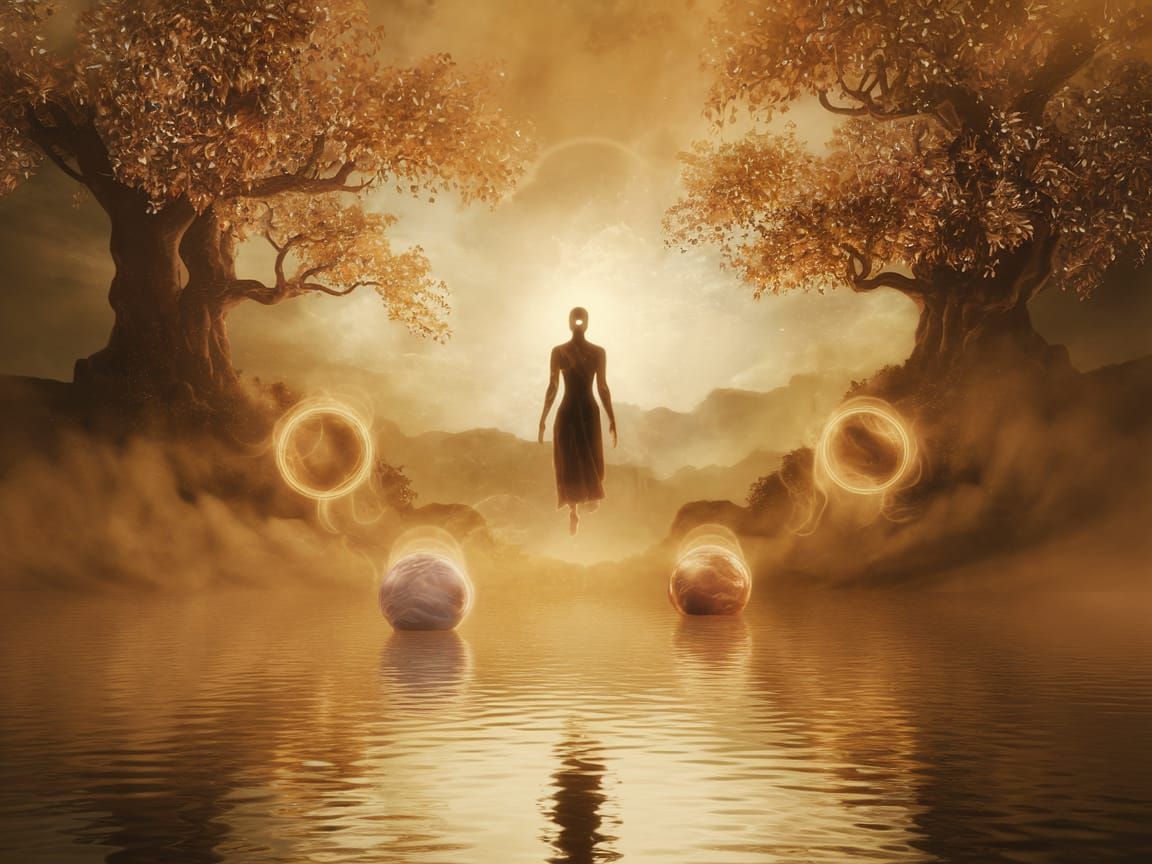 Ethereal AEON in Golden Hues, Radiating Divine Light
